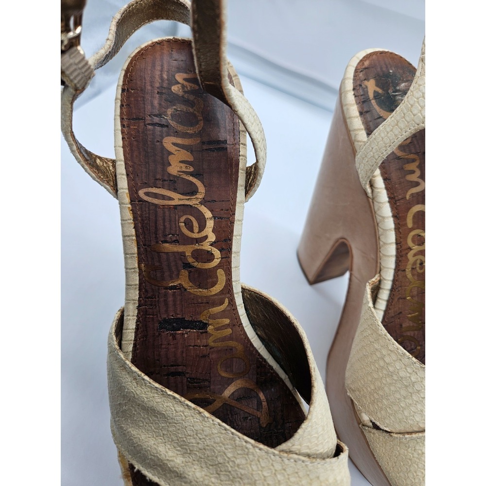 Sam Edelman Cream Snakeskin‎ Embossed Platform Sandals Block Heel Buckle Strap - Picture 5 of 13